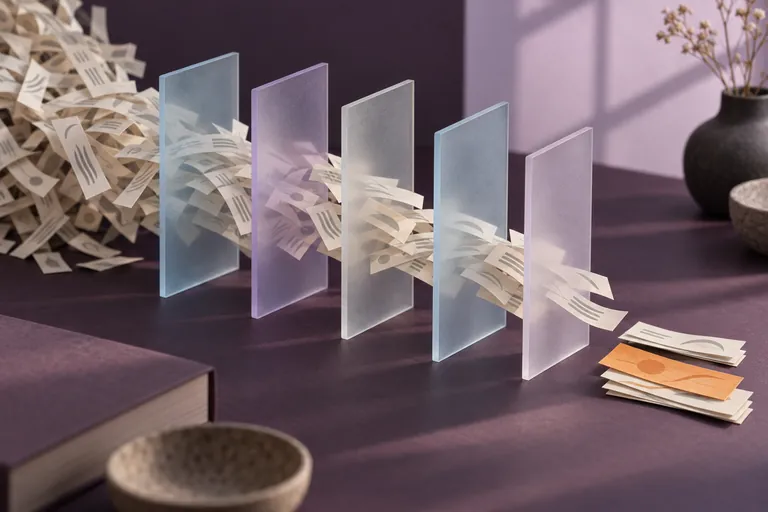 מאות רצועות נייר עוברות דרך שורה של לוחות זכוכית, ובסוף נשארת ערימה קטנה של רצועות נבחרות