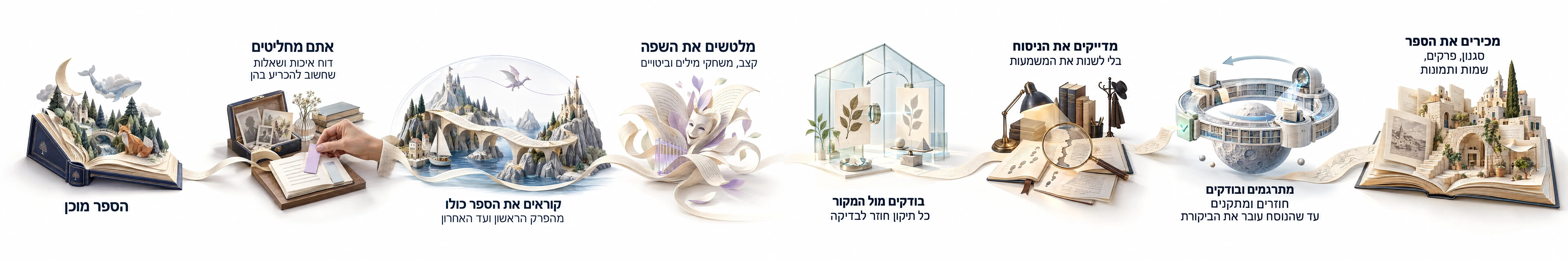 שמונה שלבים במסע התרגום. פירוט השלבים מופיע מתחת לאיור.
